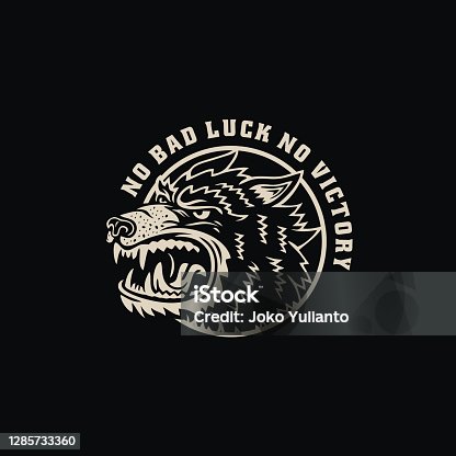 istock Vintage Black And White Angry Wolf Badge Apparel T-Shirt Design Illustration 1285733360