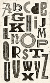 Very wasted and textured vintage alphabet in black color. Random decorative letterforms poster.