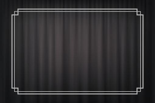 Vintage border in silent film style isolated on dark grey curtain background. Vector retro design element.