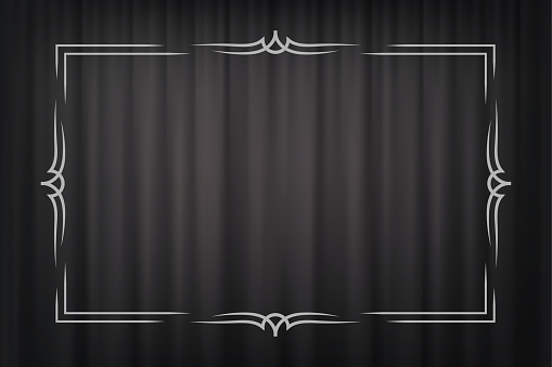 Vintage border in silent film style isolated on dark grey curtain background. Vector retro design element.
