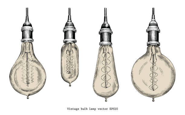 Vintage bulb lamp hand drawing engraving style Vintage bulb lamp hand drawing engraving style light bulb filament stock illustrations