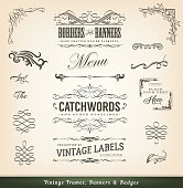 Illustration of a set of vintage corners and borders elements, with calligraphic floral shapes, patterns and old-fashioned frame design elements