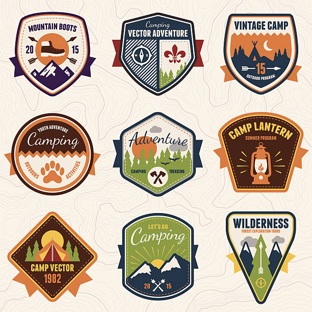 Vintage camping, wilderness and adventure badges Set of vintage summer camp badges and outdoors emblems. scout camp stock illustrations