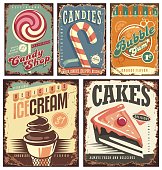 Vintage candy shop collection of tin signs. Retro posters layouts set with sweets, cakes, ice cream and bubble gum. Creative old fashioned rusty ads and banners.