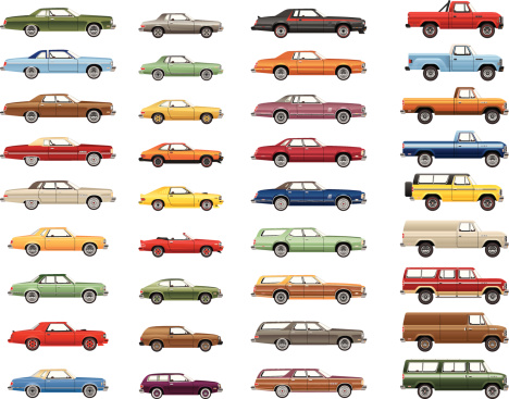 A variety of detailed vector drawings of an automotive lineup from the 1970s - 1980s.