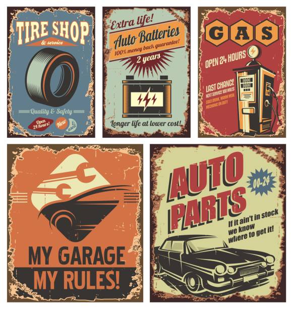 ilustrações de stock, clip art, desenhos animados e ícones de vintage car service tin signs and posters - car garage