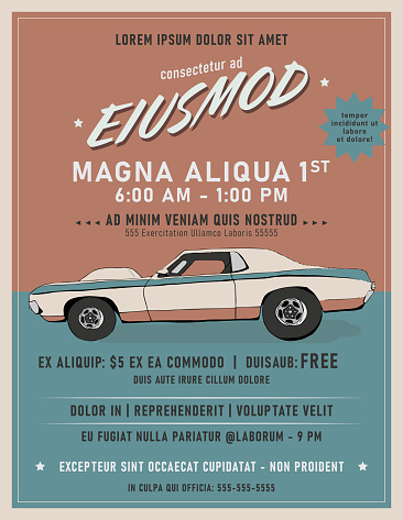 Vintage Car Show Poster with hand drawing of an old car. Latin & English languages used. Vector. Isolated on background.