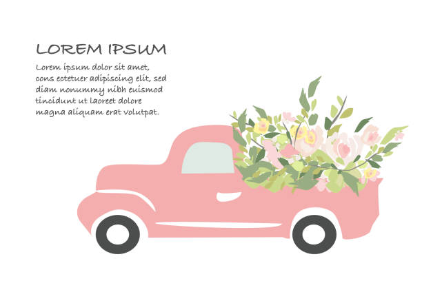 Vintage car with flowers. Engraving style. Vector illustration. Wedding car truck borders stock illustrations