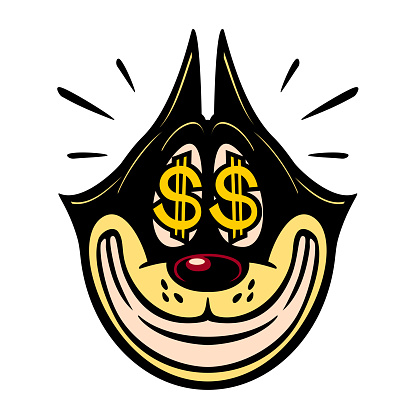 Vintage Toons character smiling greedy cat with money dollar sign in eyes vector illustration