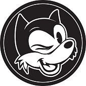 Vintage cartoon. Smiling and winking isolated retro cartoon wolf character in black circle.