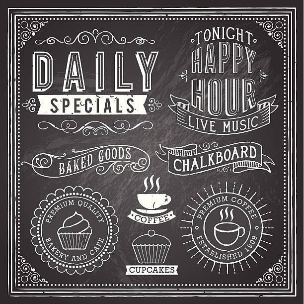 Vintage Chalkboard Ornaments Set of chalkboard ornaments and banners.  Each object is grouped and file is layered for easy editing.  Textures can be removed.  AI EPS 10 with transparency. cupcake illustrations stock illustrations