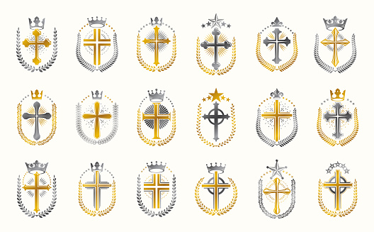 Vintage Christian crosses vector emblems, heraldic design elements big set, classic style heraldry religion symbols, antique designs.