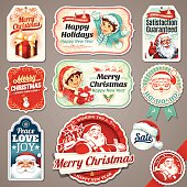 Vector set of Christmas labels with Santa Claus, present, children, sleigh and hat illustration in retro style. All objects are grouped and layered separately. Eps10 file, illustration contains transparency effects in gradients. High resolution JPEG, AI-CS3 and CS5 files included.