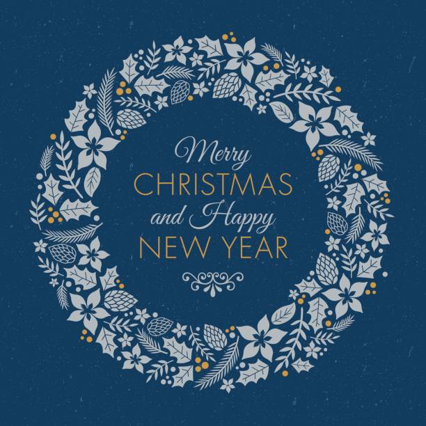 Vintage Christmas wreath  Merry Christmas And Happy New Year Messages stock illustrations