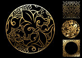 Sign symbol. Vintage circular golden floral oriental ornament. Vector graphics