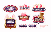 Vintage circus labels, sign boards and carnival signboards, arrows elements. Logotype template for carnival, event banner emblems for entertainment. Circus elements show invitation, tickets vector