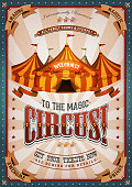 Illustration of retro and vintage circus poster background, with marquee, big top, elegant titles and grunge texture for arts festival events and entertainment background