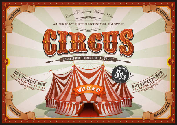 Vintage Circus Poster With Big Top Illustration of retro and vintage horizontal circus poster background, with marquee, big top, elegant titles and grunge texture for arts festival events and entertainment background circus stock illustrations