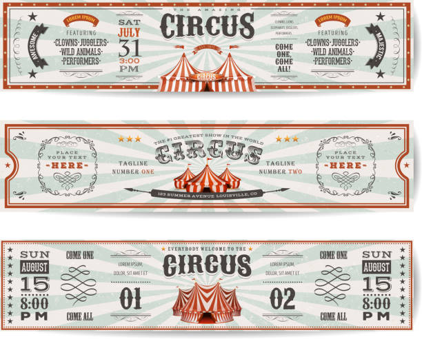 Vintage Circus Website Banners Templates Illustration of a set of retro design circus web header templates, with big top, banners, floral patterns and ornaments on wide sunbeams background circus stock illustrations