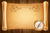 Vintage or retro style compass and ancient paper scroll on wooden background. Concept of travel and adventure. Vector illustration.