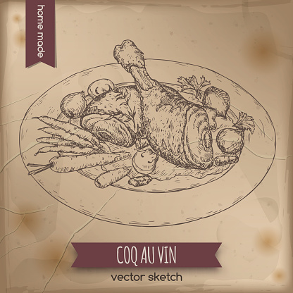 Vintage coq au vin aka chicken in wine vector sketch.