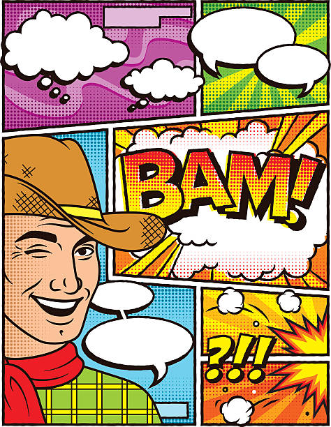 Vintage Cowboy Comic Book Layout Template A vintage, screen print styled design template in a vintage comic-book style with halftone dots. Blank speech bubbles are included for you to add your own story. There is a slight roughness to the black outlines to simulate ink on paper. cowboy hat template stock illustrations