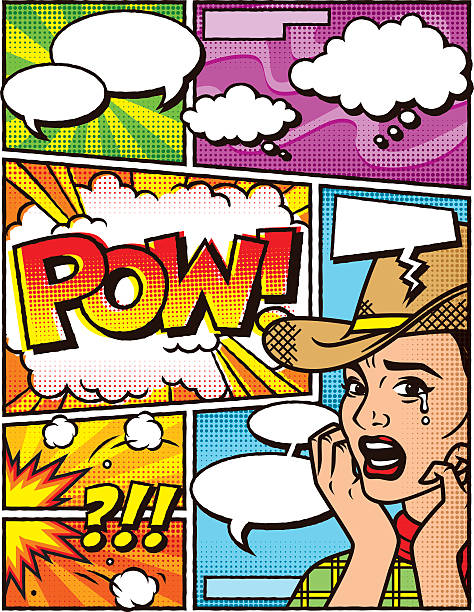Vintage Cowgirl Comic Book Layout Template A vintage, screen print styled design template in a vintage comic-book style with halftone dots. Blank speech bubbles are included for you to add your own story. There is a slight roughness to the black outlines to simulate ink on paper. cowboy hat template stock illustrations