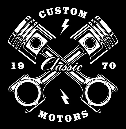 Illustration of  vintage crossed pistons. Vintage style (VERSION FOR DARK BACKGROUND). Text is on the separate layer.
