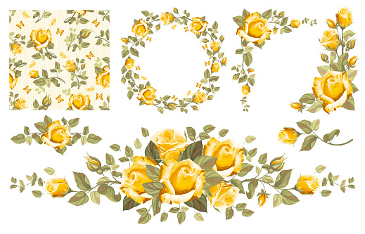 Set of vintage floral design elements with yellow roses, buds, leaves. Circle frame, seamless pattern, corner compositions, gorgeous vignette. Vector illustration.