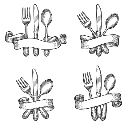 dinner vector silverware table utensils knife fork cutlery sketch drawing spoon retro illustration ribbons illustrations antique clip plate draw royalty