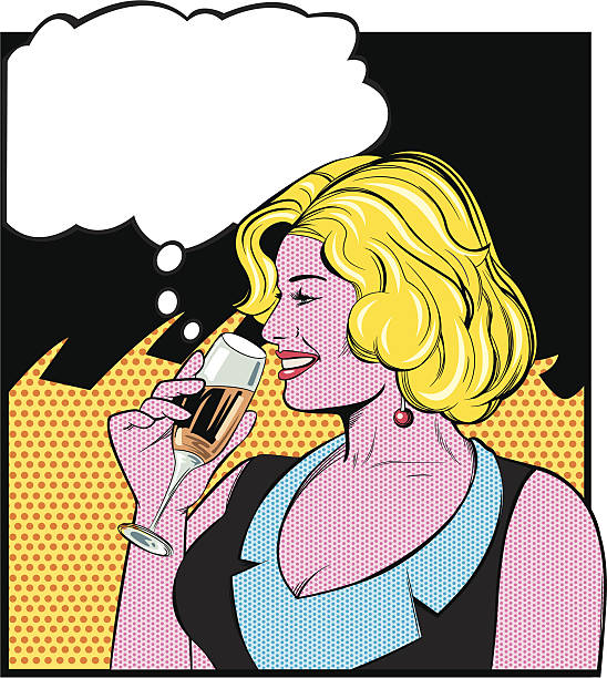 винтажный питьевой женщина - lady drinking wine cartoon stock illustrations...