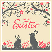 An Easter greeting card for bunnies egg hunt event in vintage style