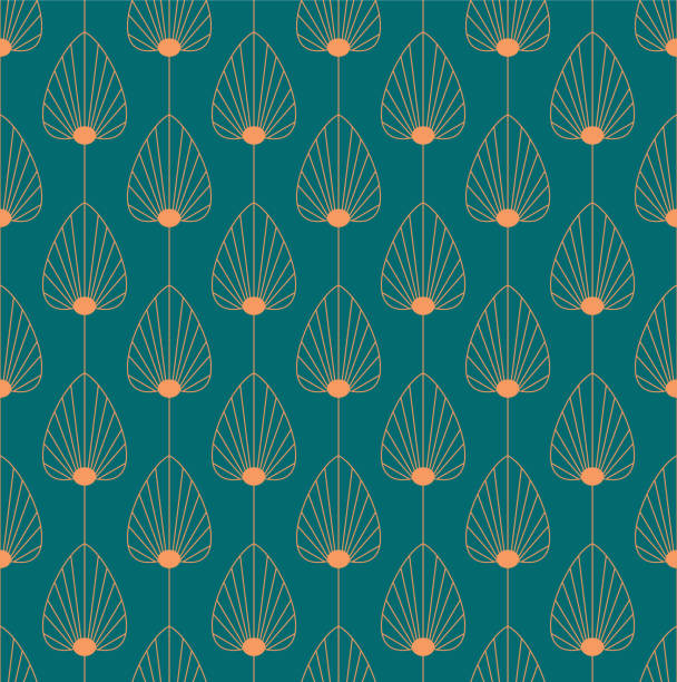 빈티지 우아한 아르 데코 스타일의 매끄러운 패턴과 구리 꽃 / 팬 모양 모티브 어두운 녹색 배경에. 주황색 및 청록색 아르 데코 반복 벡터 패턴입니다. - 아르데코 일러스트 stock illustrations