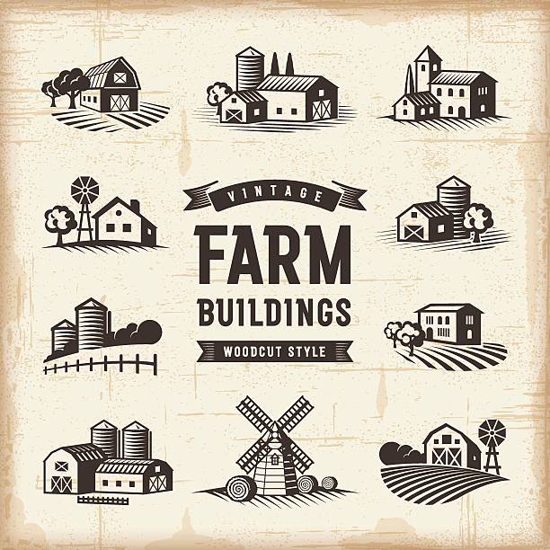illustrazioni stock, clip art, cartoni animati e icone di tendenza di set di edifici agricoli vintage - fieno
