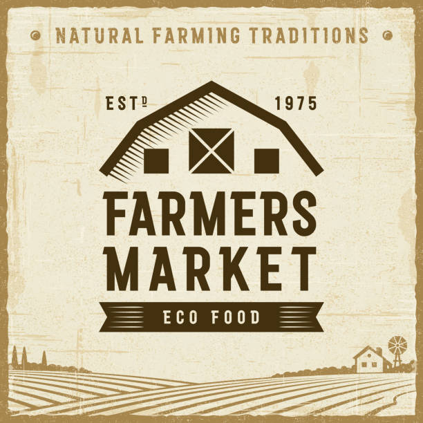 illustrazioni stock, clip art, cartoni animati e icone di tendenza di etichetta del mercato degli agricoltori vintage - mercato vintage