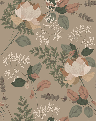 Vintage floral pattern with delicate dry plants. Composition of flowers, plant branches, leaves. Seamless pattern, vector.