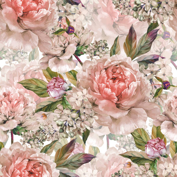 Vintage floral seamless watercolor pattern Watercolor floral seamless pattern. Bouquet of watercolor light rose peonies, buds, white lilac and green leaves. Hand drawn botanical Illustration in trendy vintage style. Shabby chic. flowerbed illustrations stock illustrations