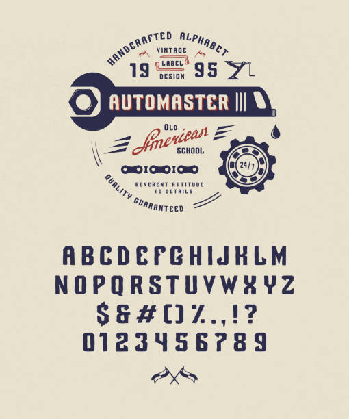 Vintage Font AUTOMASTER. Font Automaster. Craft retro vintage typeface design. Fashion type. Sans serif.  Handmade modern display vector letters alphabet.  Drawn in graphic style. Set of Latin characters, numbers. garage patterns stock illustrations