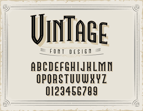 Vector illustration of an Vintage Font Design capital letter and number text alphabet set. Elegant font for party invitation designs. Includes all capital letters of the alphabet and numbers. Individually grouped for easy editing and customization. Includes border elements. Download features vector EPS and high resolution jpg download.