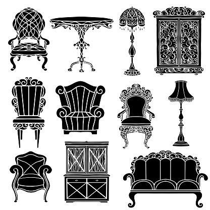 Vintage furniture set, armchair, sofa, table, floor lamp, cupboard black silhouettes isolated on white background - vector artwork
