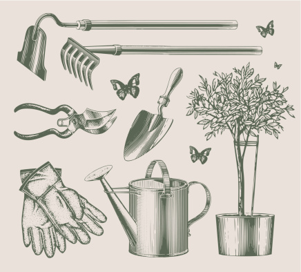 Vintage lithography styled garden equipments. EPS10 vector illustration.