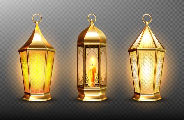 Vintage gold arabic lanterns with glowing candles Vintage gold arabic lanterns with glowing candles. Vector realistic set of hanging luminous lamps with golden arabian ornament. Islamic shining fanous isolated on transparent background fanous stock illustrations