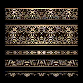 Set of vintage gold border patterns, swirly golden ornaments on black