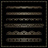 Vector set of gold borders and dividers, vintage decorative ornaments in square frame on black