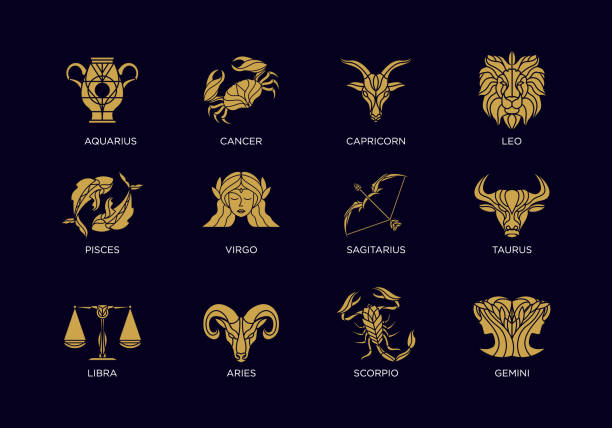 illustrazioni stock, clip art, cartoni animati e icone di tendenza di set di icone vettoriali zodiacali dorate vintage - segni zodiacali