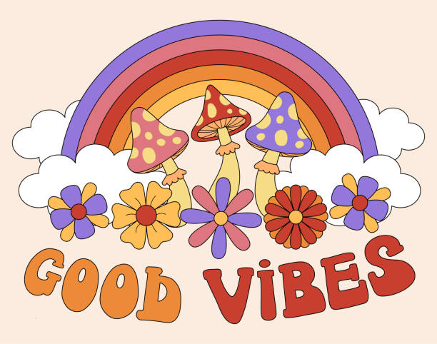 vintage good vibes slogan  illustration  with  rainbow, flower  and psychedelic  mushrooms. vector print with hippie style for t shirt or stickers. - 印有圖像t恤 插圖 幅插畫檔、美工圖案、卡通及圖標