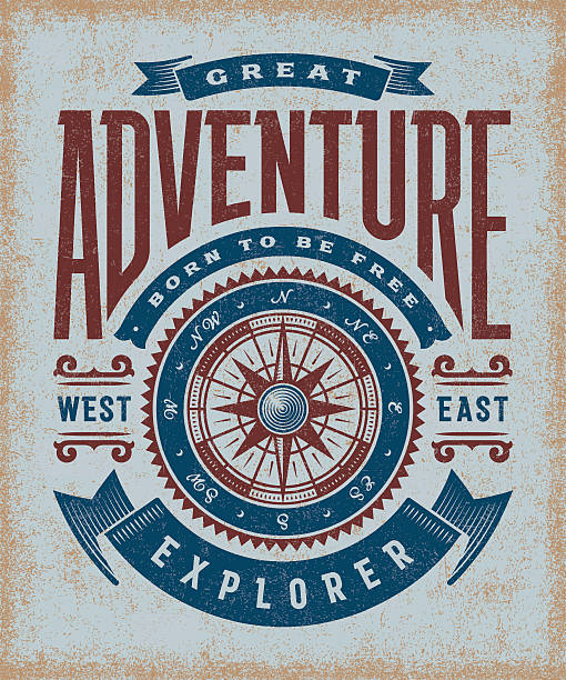 Vintage Great Adventure Typography Vintage great adventure typography, t-shirt and label graphics with compass rose. Editable EPS10 vector illustration in woodcut style. west direction stock illustrations
