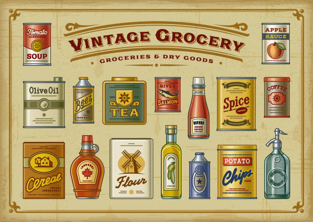 Vintage Grocery Set A set of vintage groceries in retro woodcut style. EPS10 vector illustration with transparency. supermarket borders stock illustrations