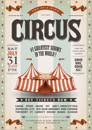 Illustration of an old-fashioned vintage circus poster, with big top, design elements and grunge textured background