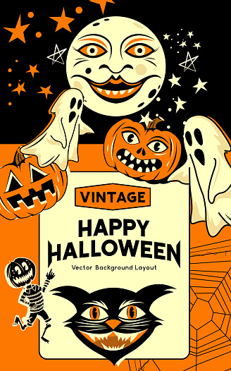 A vintage and retro style halloween party invitation background with  classic signs and symbols including ghosts, pumpkins and a black cat. Vector illustration.